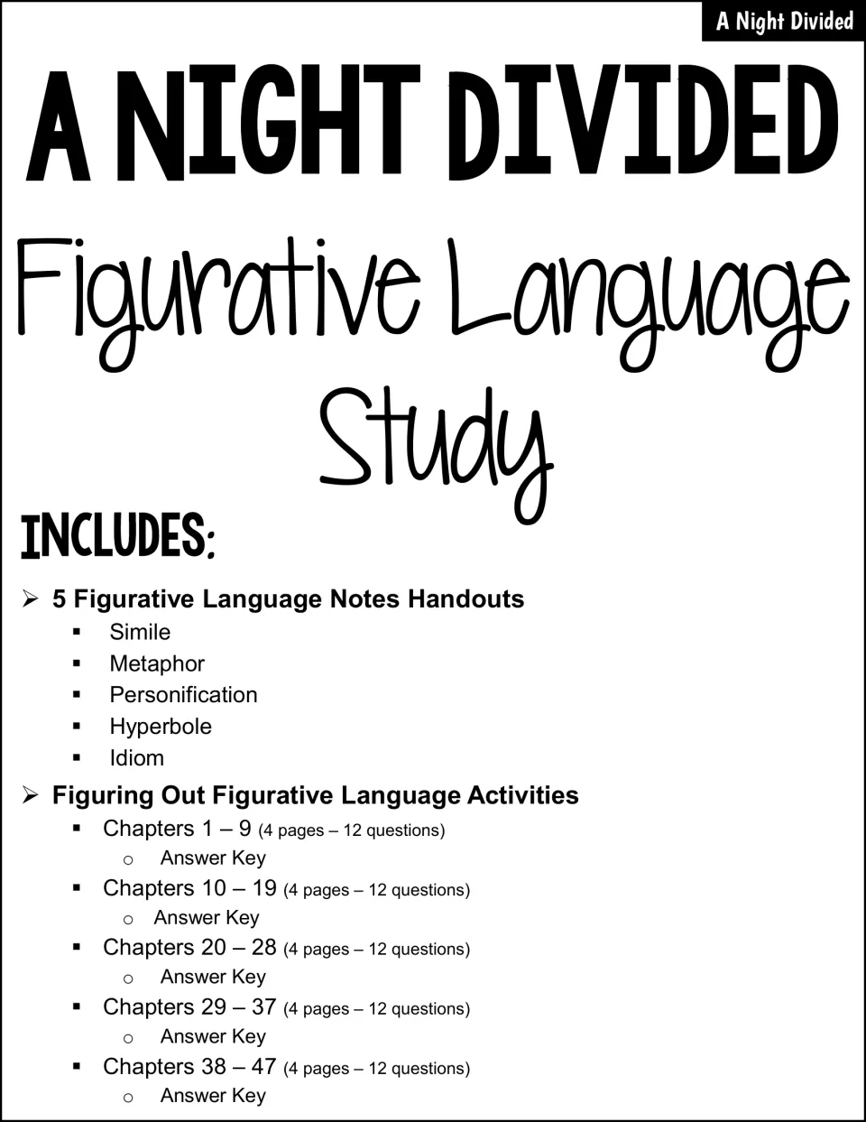 Figurative language study overview: five notes handouts plus passage activities for chapters 1-47 in five keyed sets