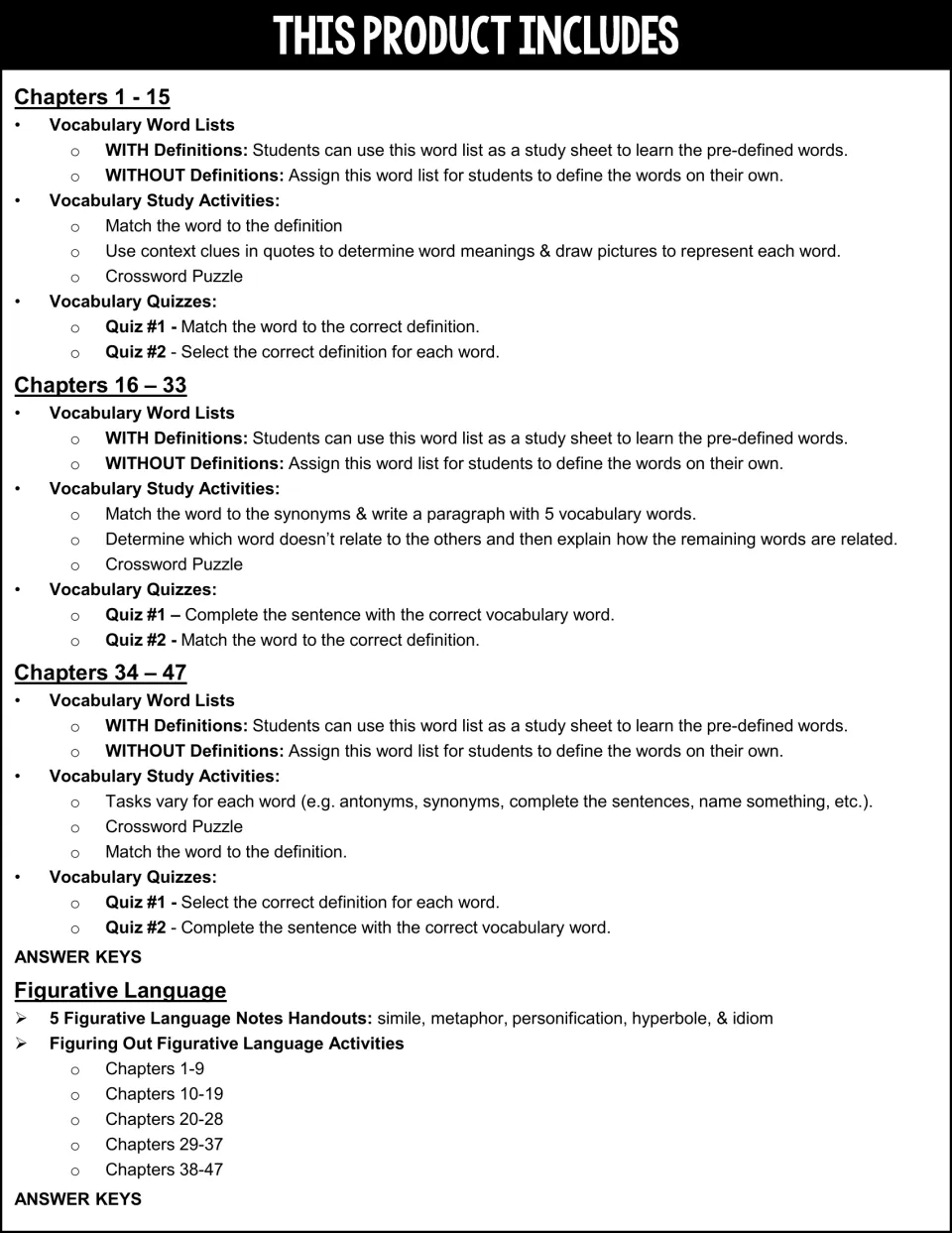 Contents list: vocabulary lists, study activities, crosswords and quizzes for three chapter sets plus figurative language