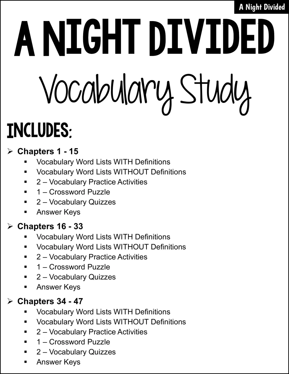 Vocabulary Study contents by chapter set (1-15, 16-33, 34-47): word lists, 2 practice activities, a crossword and 2 quizzes