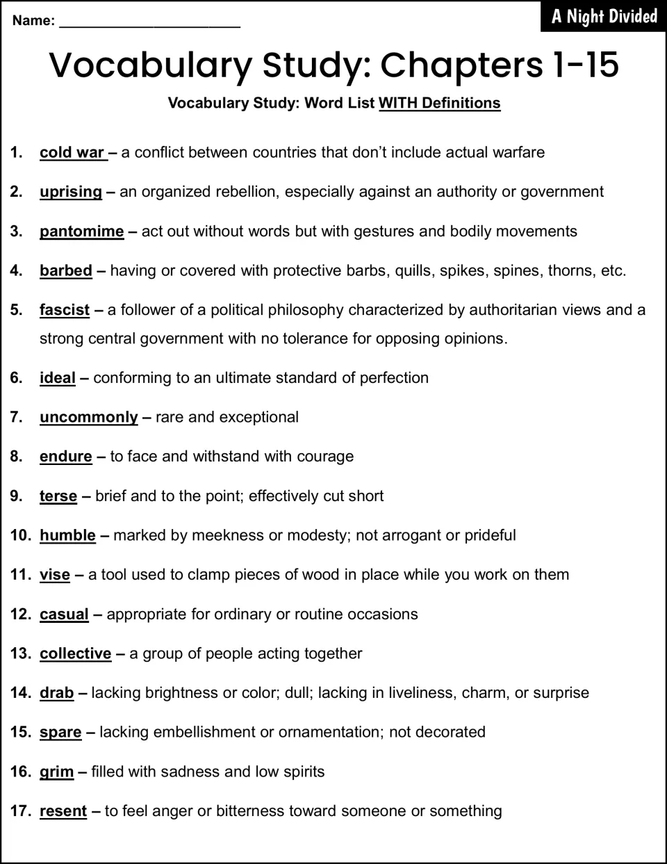 Chapters 1-15 vocabulary list with definitions: words 1-17, from cold war and uprising to drab, grim and resent