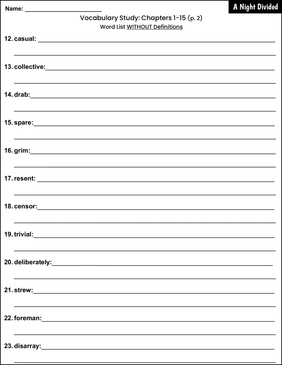 Chapters 1-15 list without definitions, part 2: students write meanings for words 12-23, casual through disarray