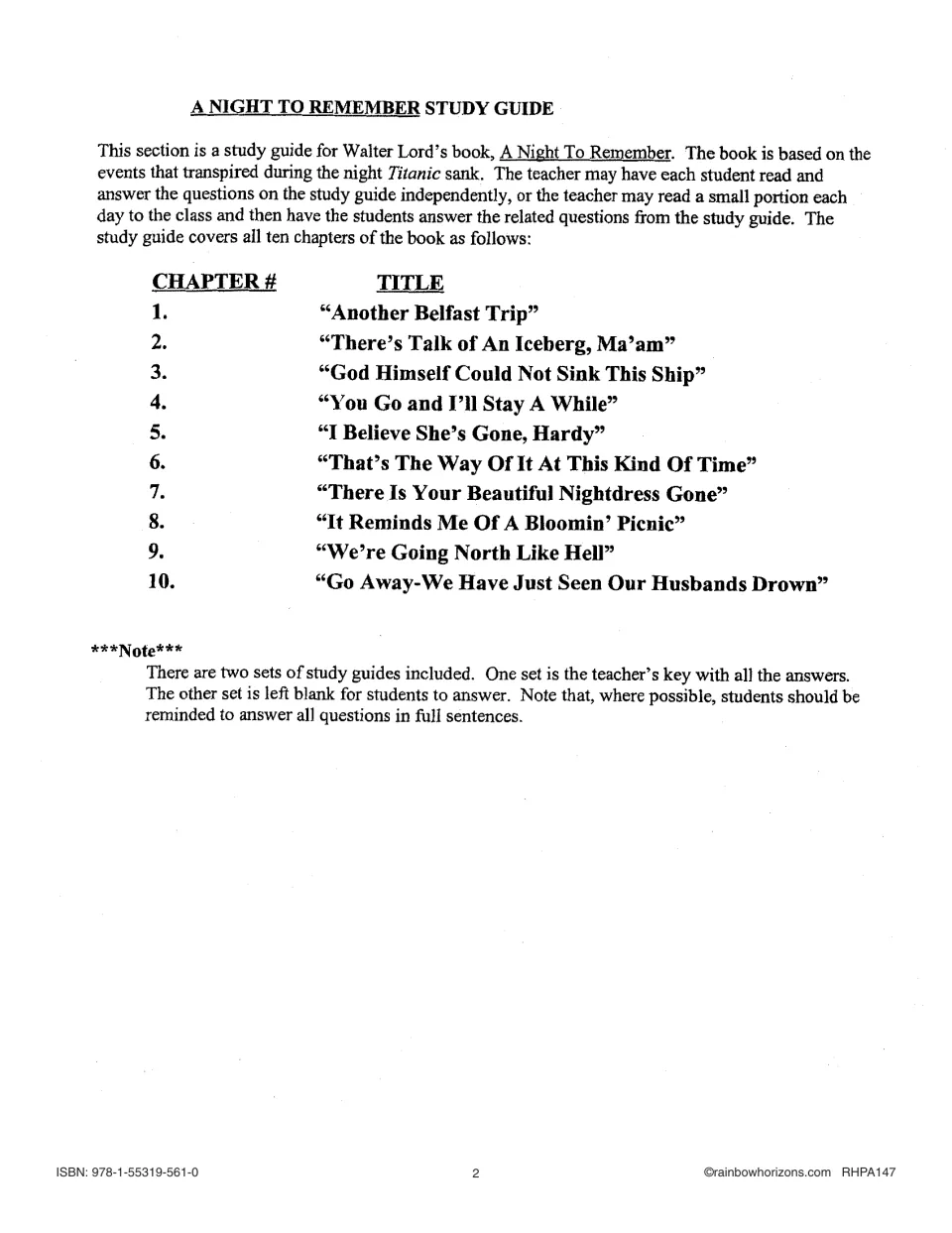 Study guide introduction lists ten chapter titles and explains the teacher key and student question sets.