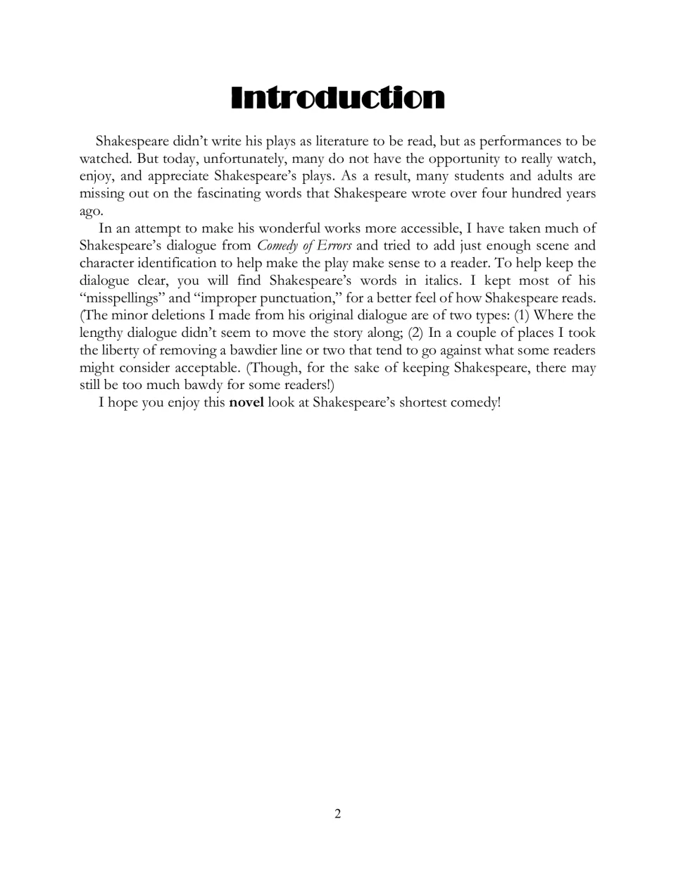Introduction explains added scene and character details, italicized Shakespeare dialogue, and omissions