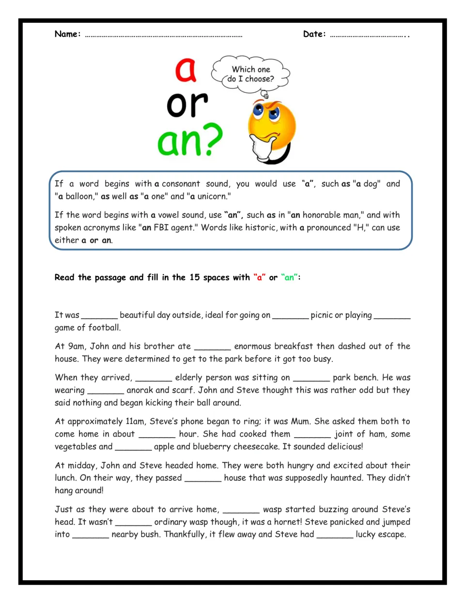 Articles a or an: students read the consonant and vowel sound rules, then fill 15 blanks in a story about a park trip