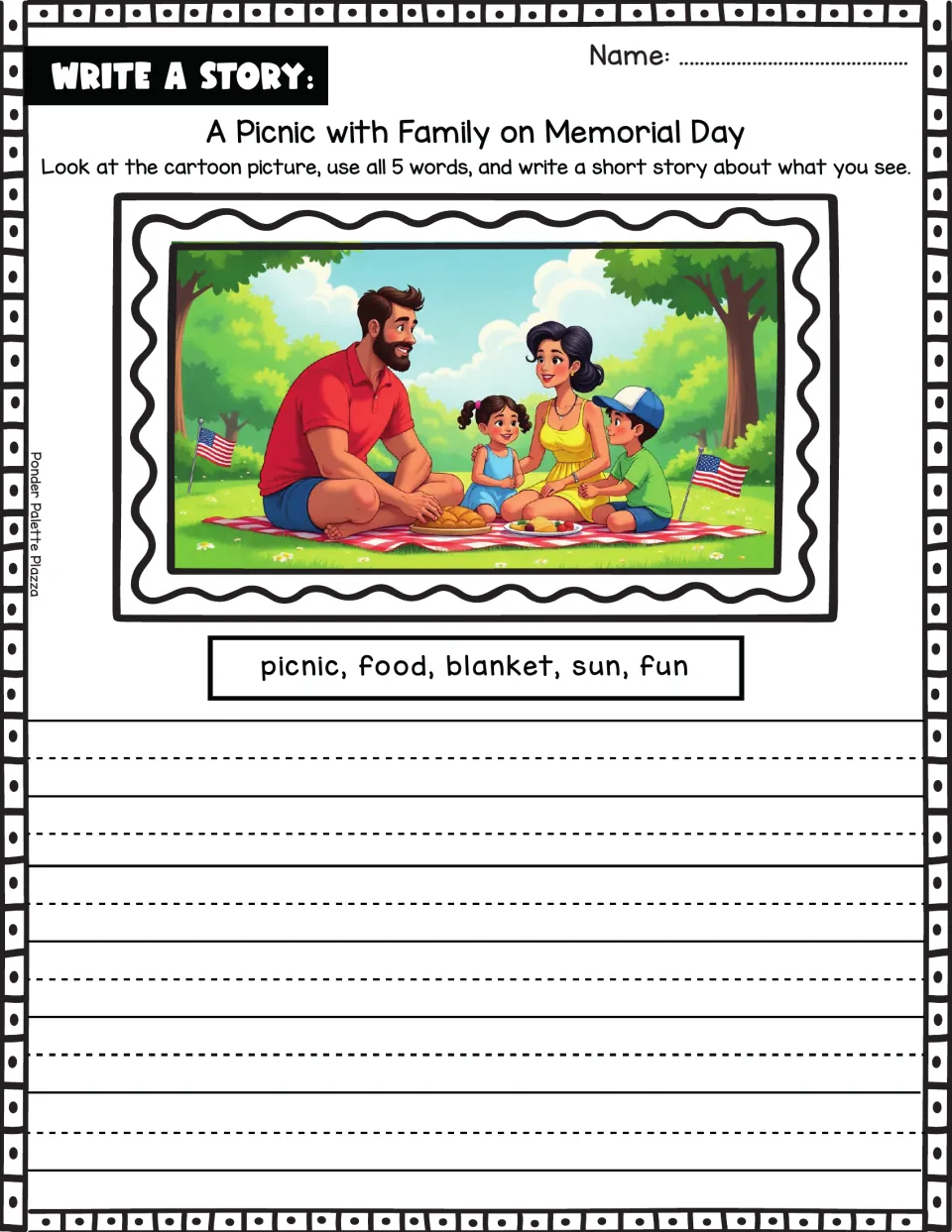 Story-writing prompt: a Memorial Day family picnic using the words picnic, food, blanket, sun, and fun.