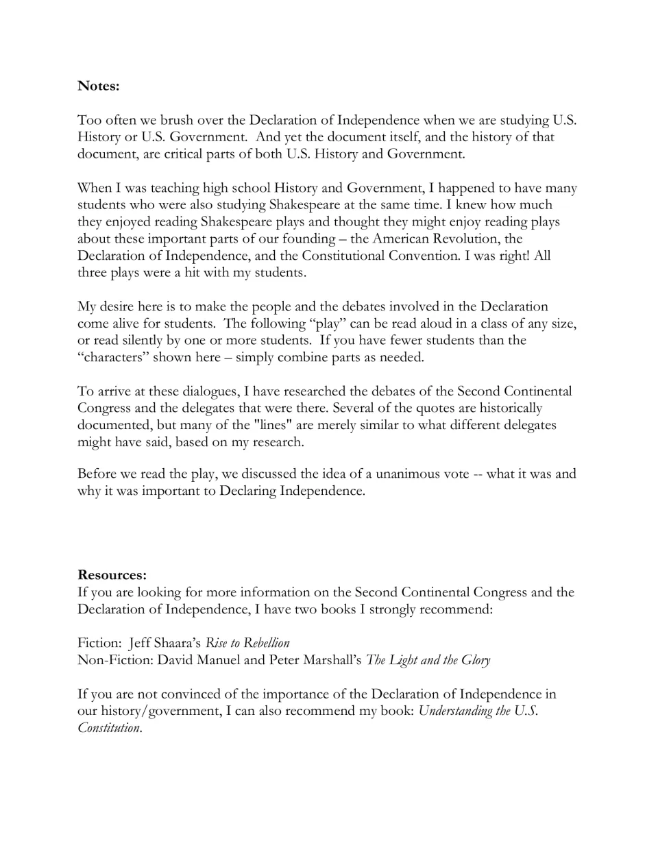 Teacher notes on reading the Continental Congress play aloud, combining parts for small classes, plus recommended books