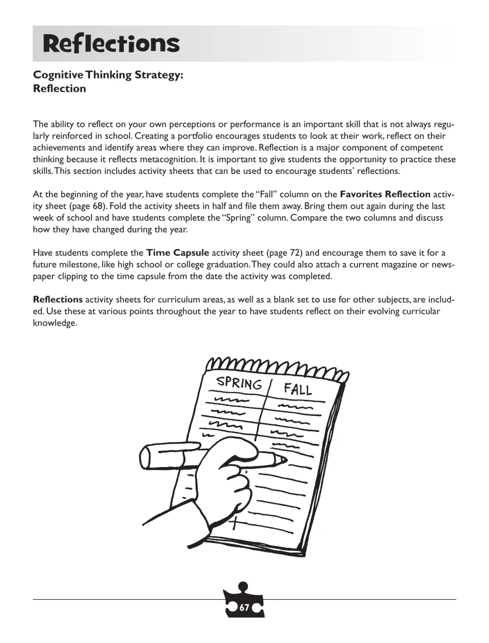 Reflection section introduction explains portfolios, the Favorites Reflection sheet, and the Time Capsule activity