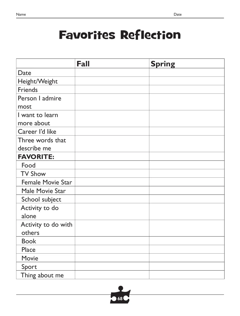 Favorites Reflection sheet asks students to record fall and spring interests, personal details, and favorites