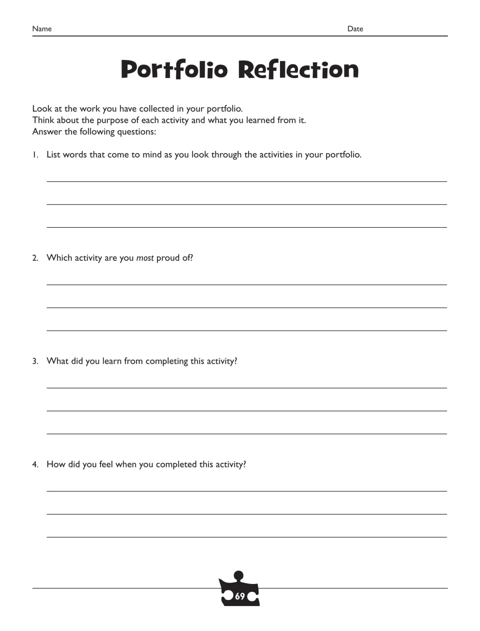 Portfolio Reflection sheet asks about collected work, a proudest activity, learning, and feelings upon completion