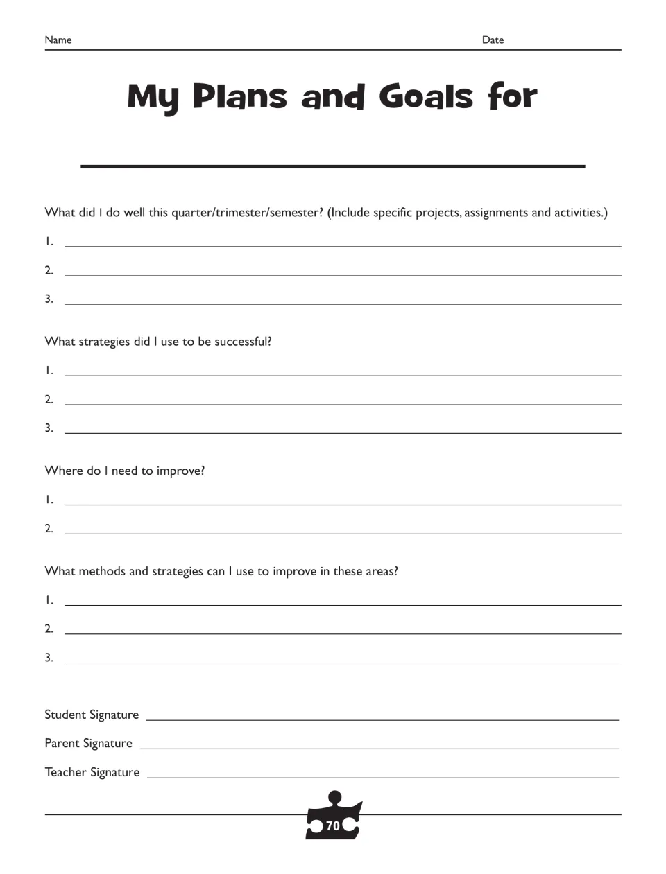 Plans and goals sheet asks about successes, helpful strategies, areas to improve, and methods for improvement