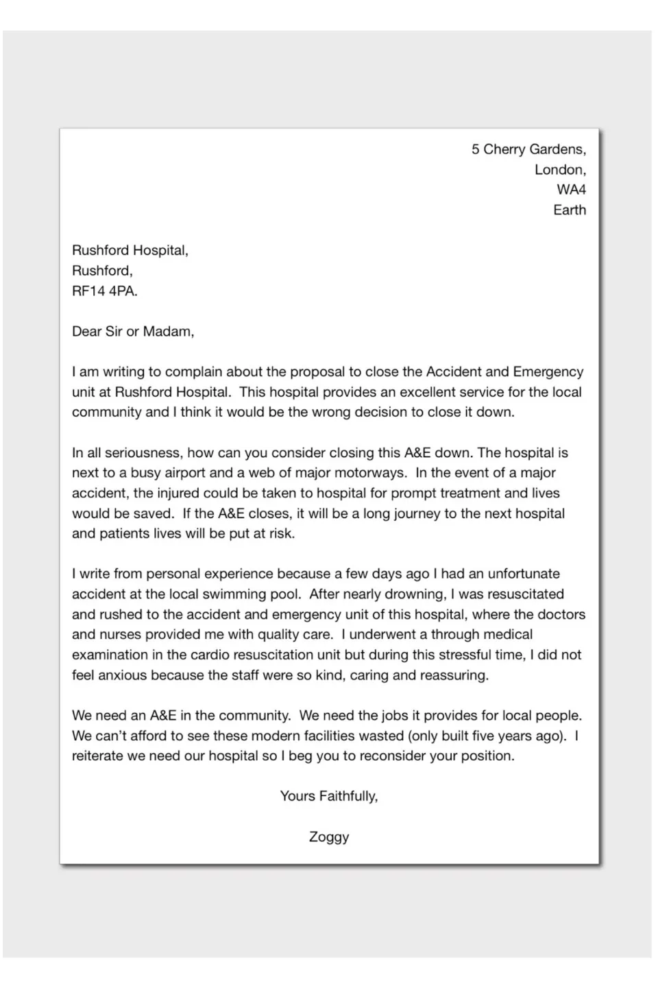 Model complaint letter from Zoggy to Rushford Hospital arguing against closing its A&E unit, signed Yours Faithfully