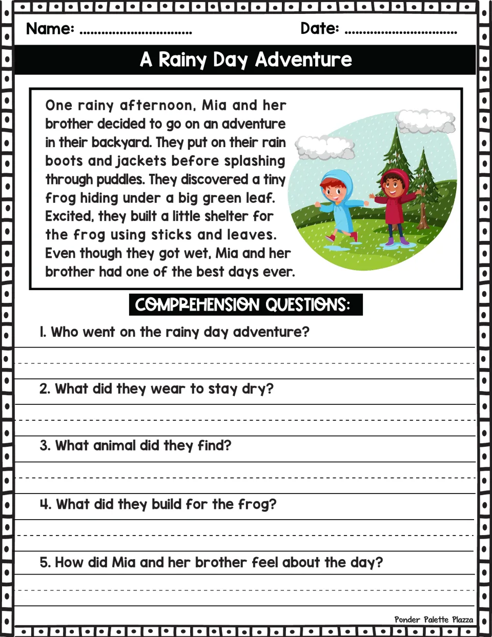 Reading passage about Mia and her brother finding a frog in the rain, followed by five comprehension questions.