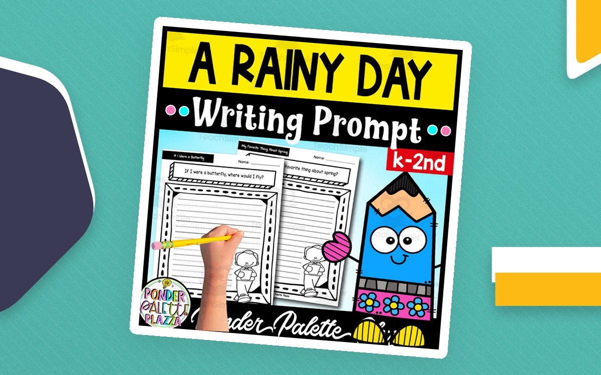 A Rainy Day writing prompt cover with lined worksheets, pencil, umbrella, and smiling pencil character