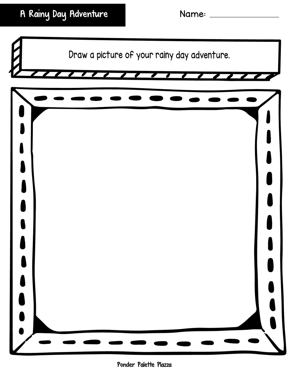Illustrating a rainy day adventure: students follow the prompt "Draw a picture of your rainy day adventure."
