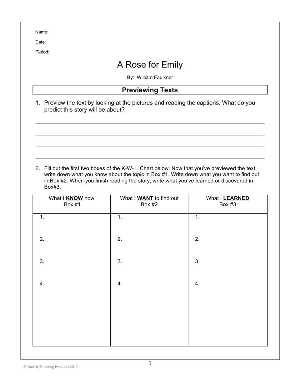 Previewing the story: students predict the plot, then fill in a K-W-L chart with what they know and want to find out