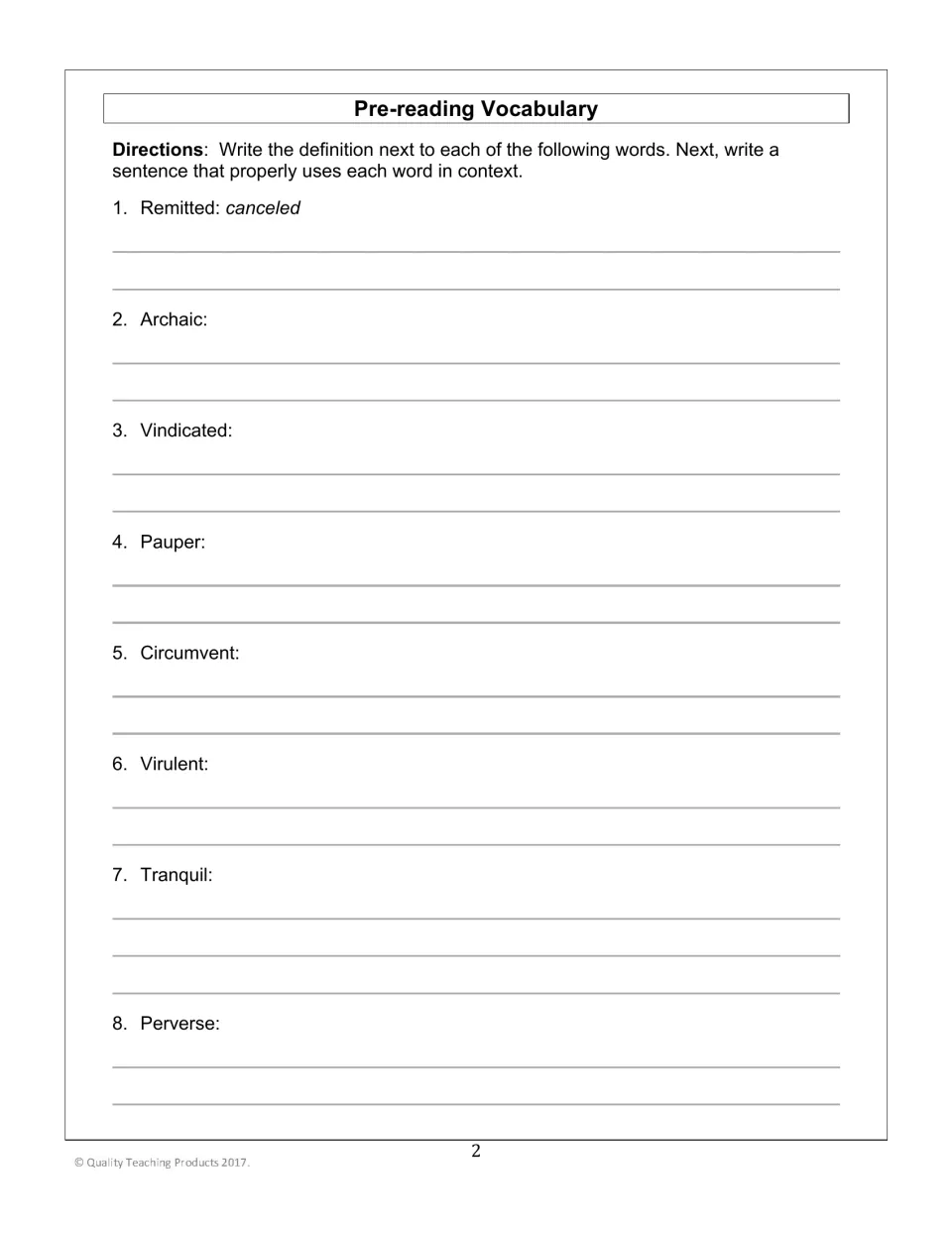 Pre-reading vocabulary: students define eight words such as remitted, archaic and pauper and write a sentence using each