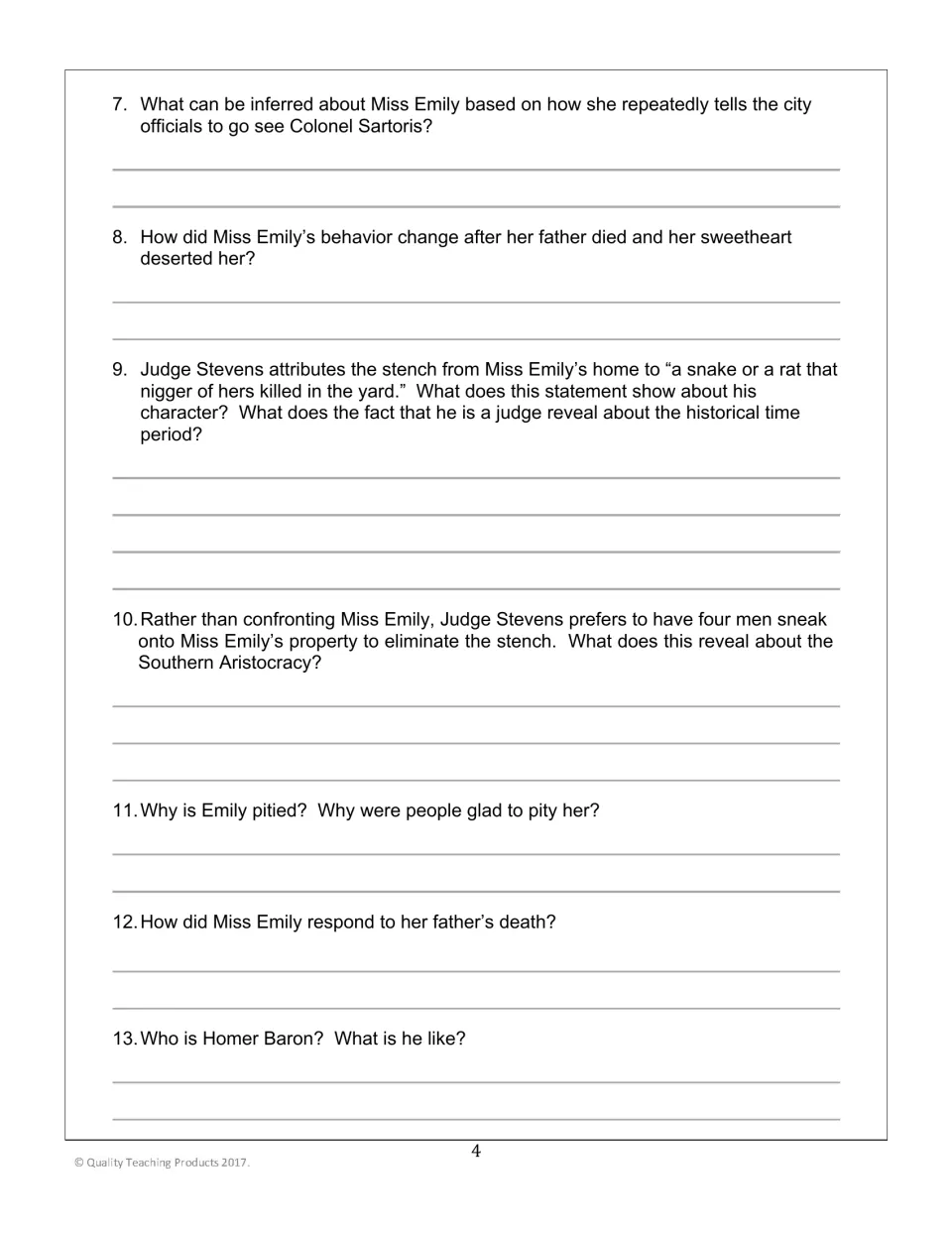 Questions for Thought 7-13 on Colonel Sartoris, Judge Stevens, Emily's father's death and Homer Baron; written responses