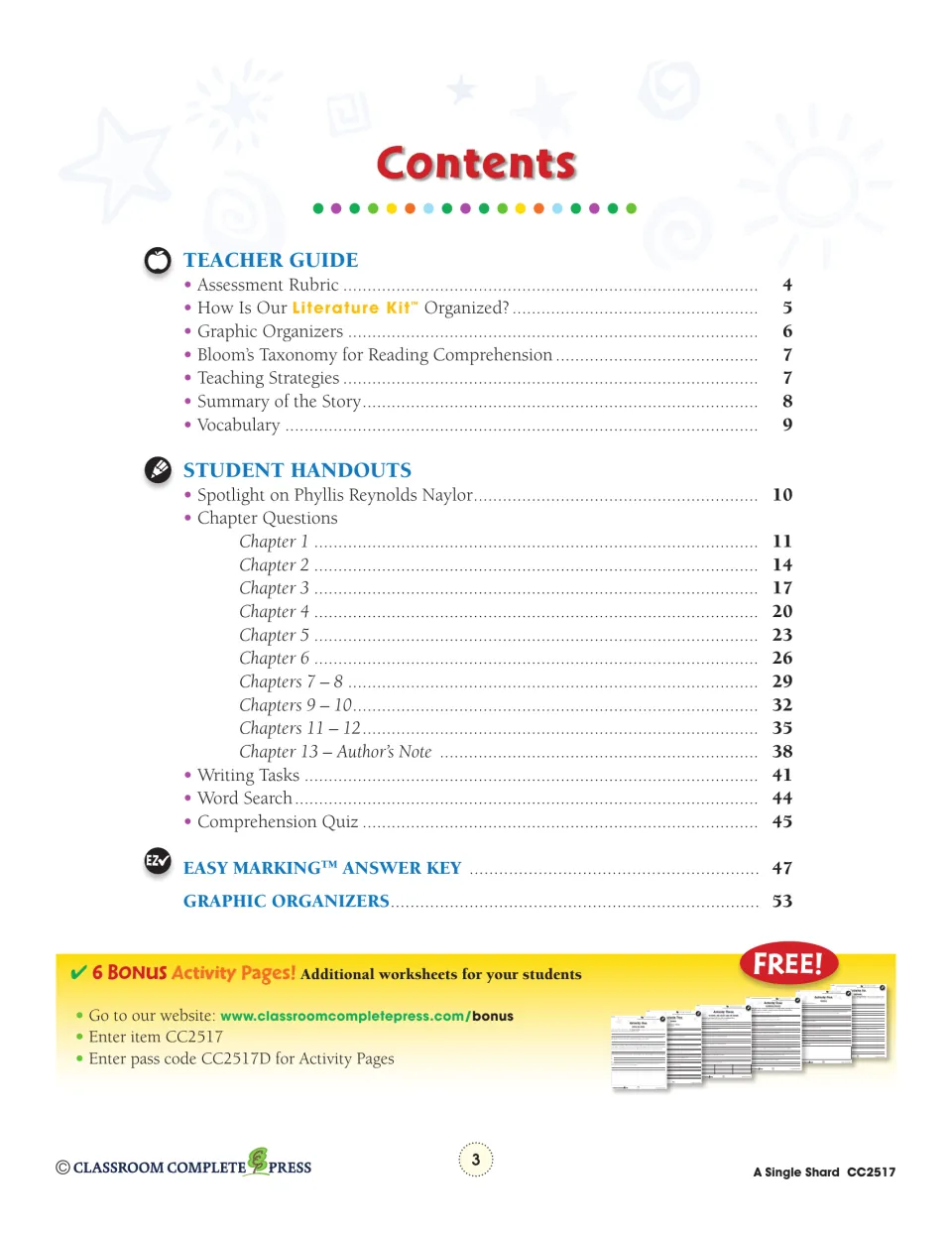 Contents: teacher guide on pages 4–9, chapter questions from page 11, answer key on page 47, organizers on page 53