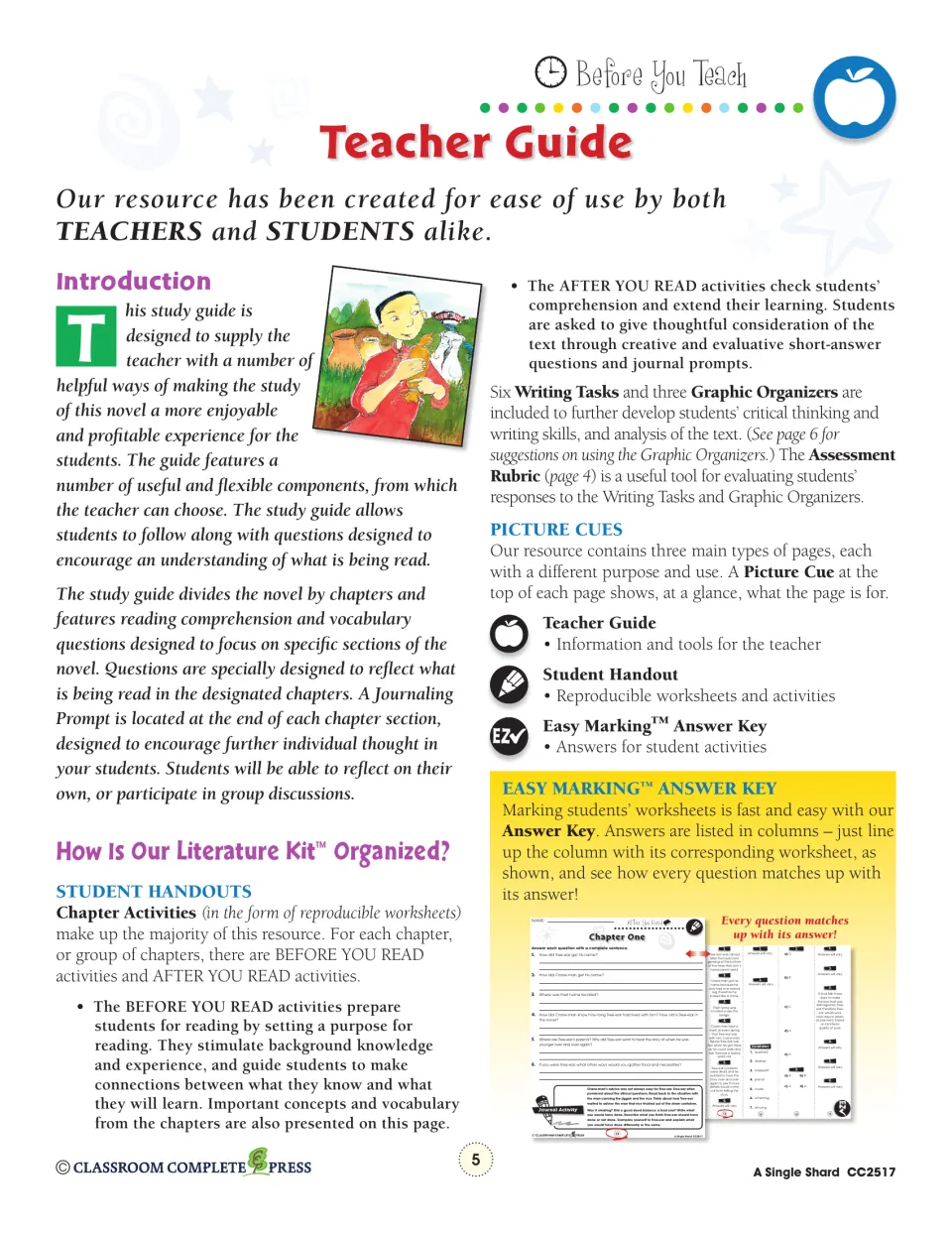 Teacher guide intro explaining Before You Read and After You Read activities, picture cues and the answer key