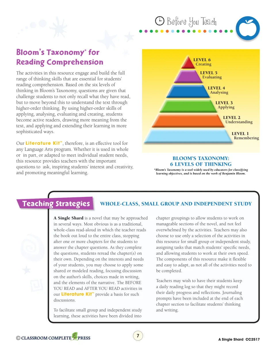 Bloom's Taxonomy pyramid, Remembering to Creating, plus strategies for whole-class, group and independent study