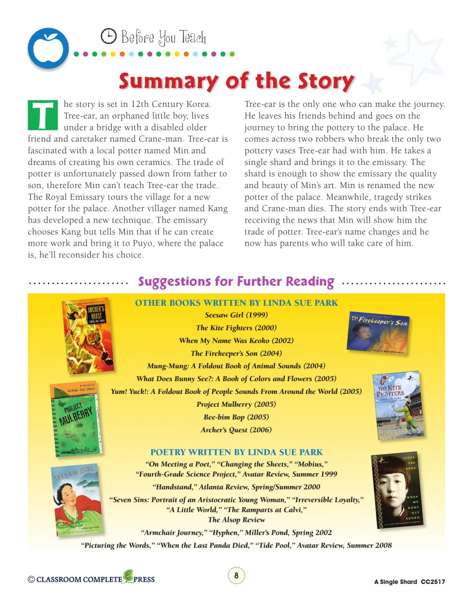 Story summary of orphan Tree-ear's journey to bring Min's pottery to the palace, plus Linda Sue Park's other books