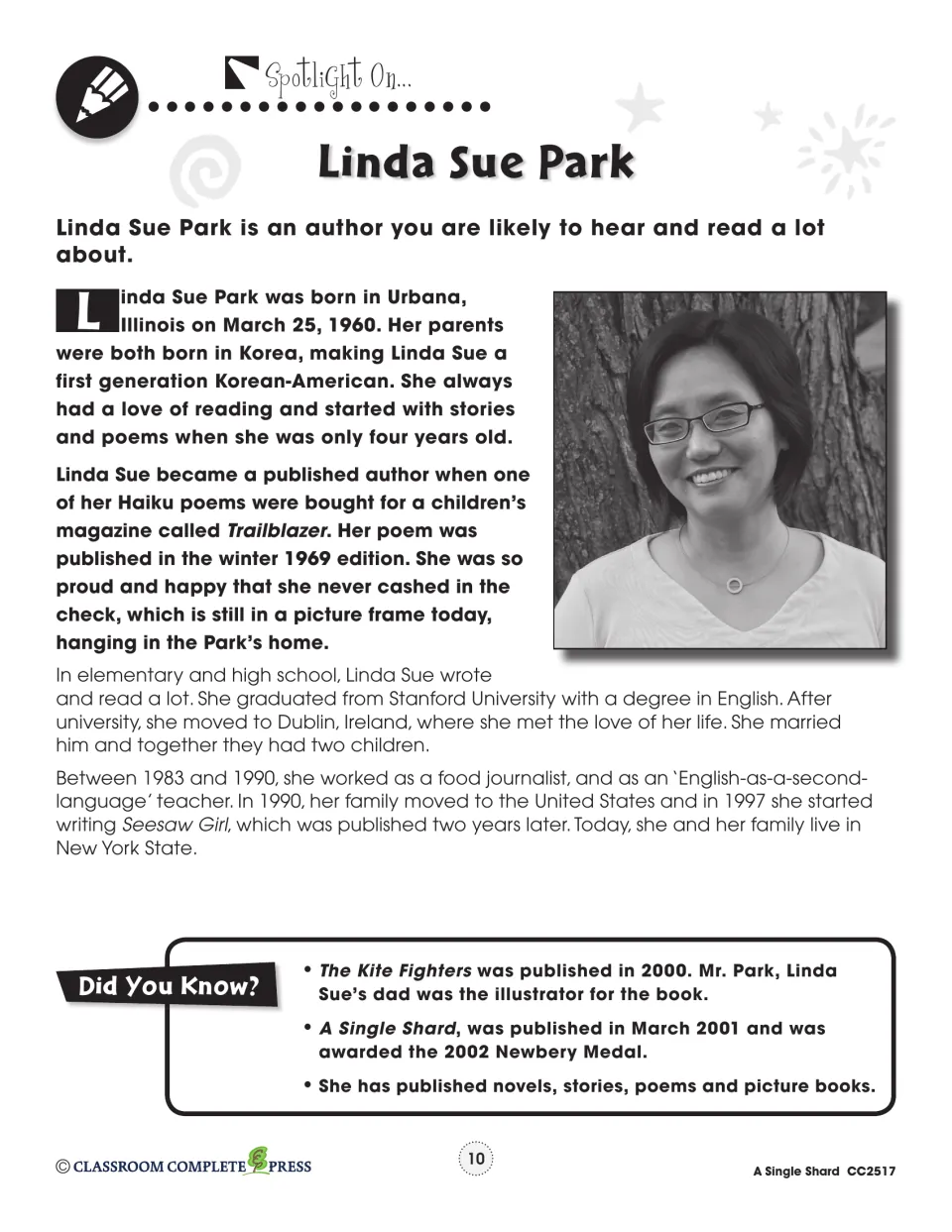 Linda Sue Park author biography with her photo, plus a fact: the novel won the 2002 Newbery Medal