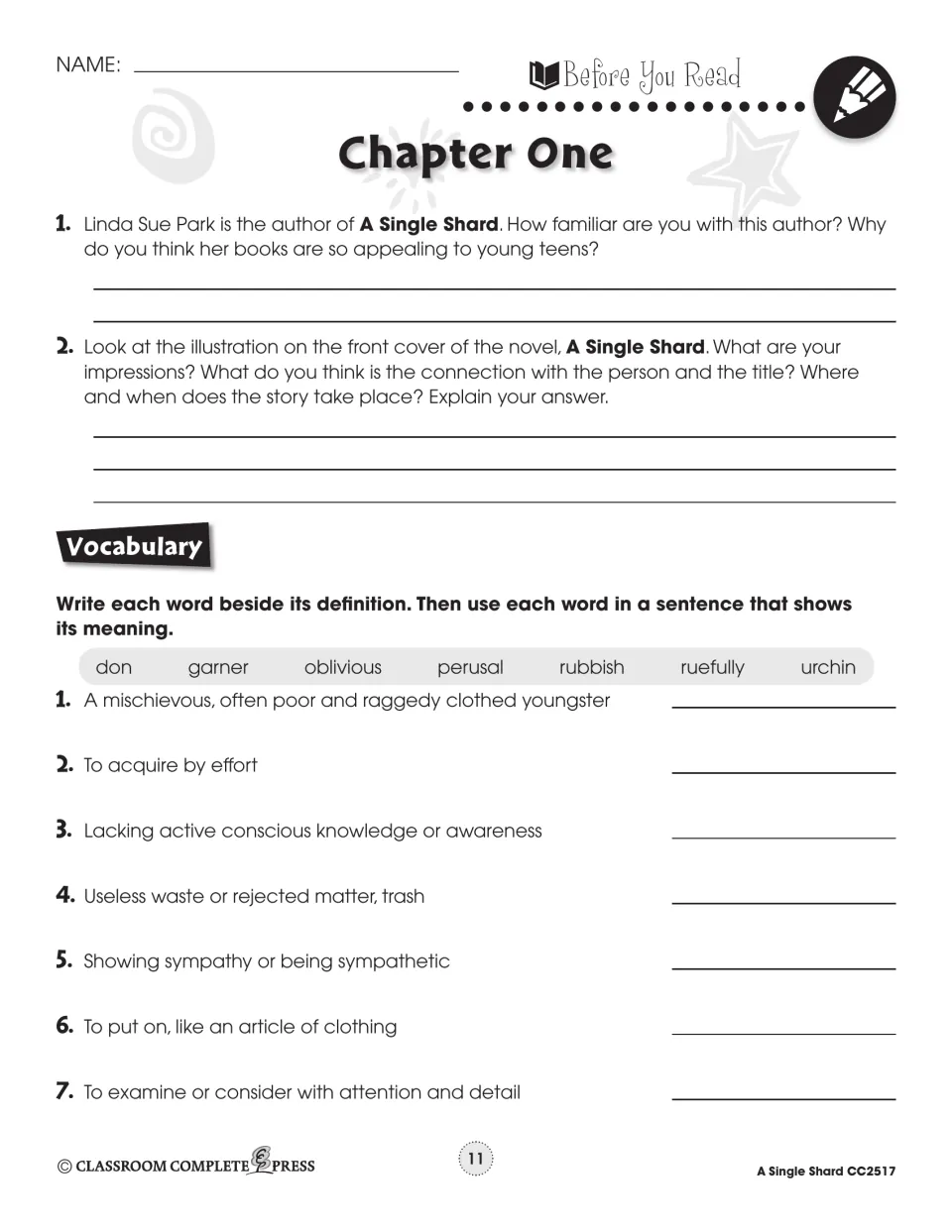 Chapter One prereading questions on the author and cover, plus 7 vocabulary words: don, garner, oblivious and more