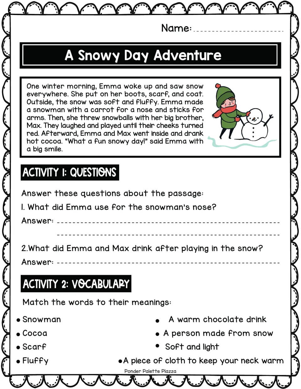 Winter story about Emma's snowy day: students read the passage, answer 2 questions and match 4 words to meanings
