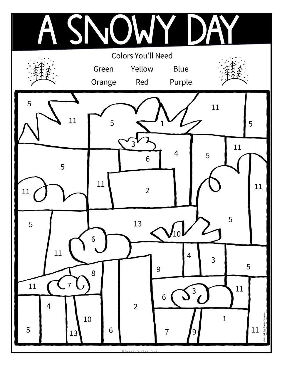 Numbered gift coloring page uses answers to the 13 reading questions and six colors, including green and yellow.