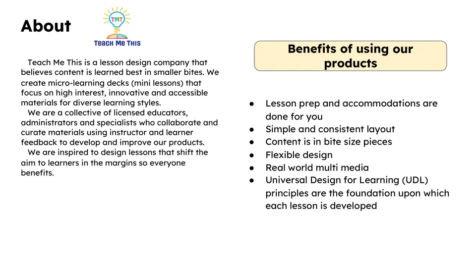 Publisher background slide describing micro-learning decks and Universal Design for Learning principles