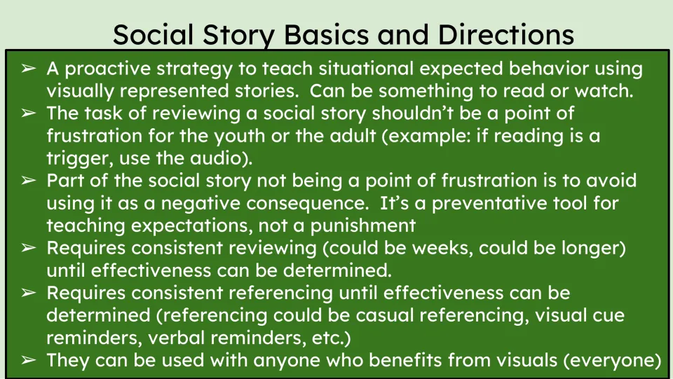 Social story directions explain consistent review, visual reminders, audio use, and avoiding use as punishment