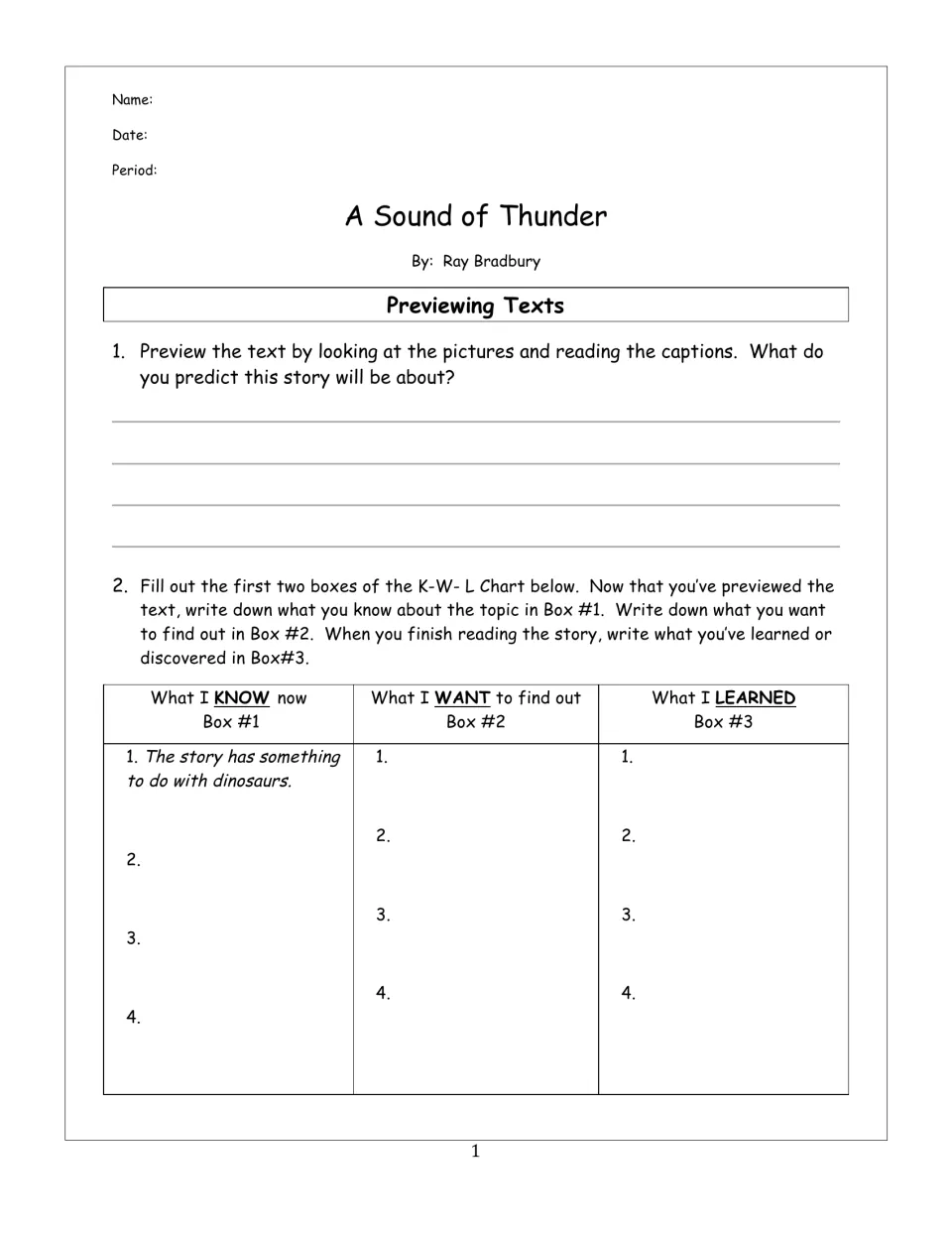 Previewing A Sound of Thunder by Ray Bradbury: students predict the plot, then fill in a K-W-L chart with a sample entry