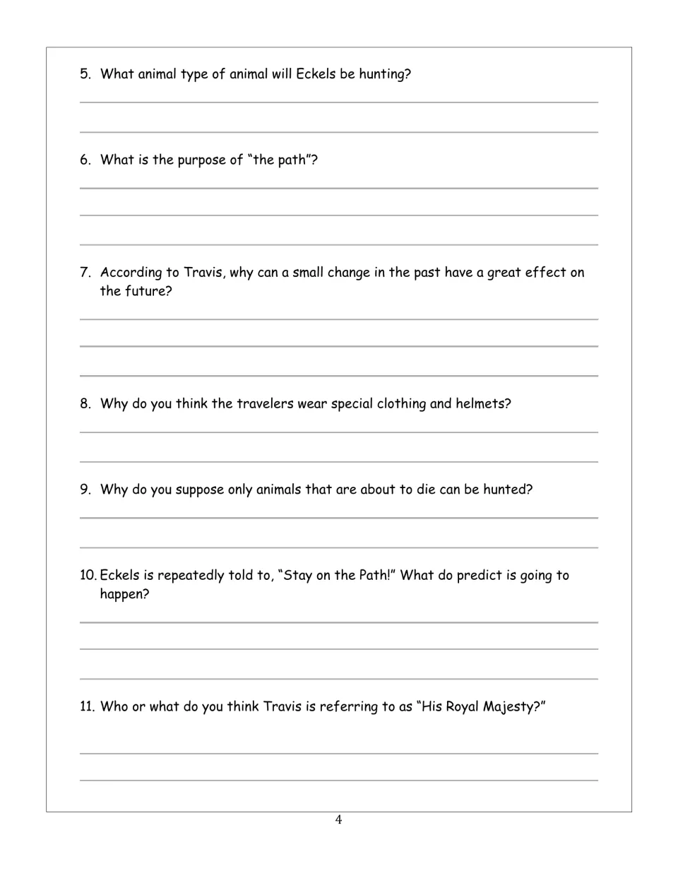 Comprehension questions 5-11: students explain the path, Travis's warning about changing the past and predict what happens