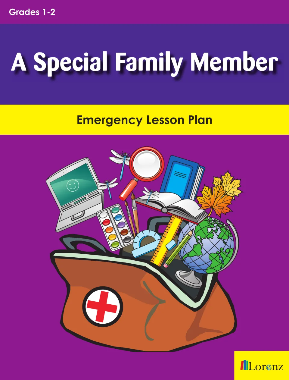 A Special Family Member emergency lesson plan cover for Grades 1-2, showing a doctor's bag full of school supplies