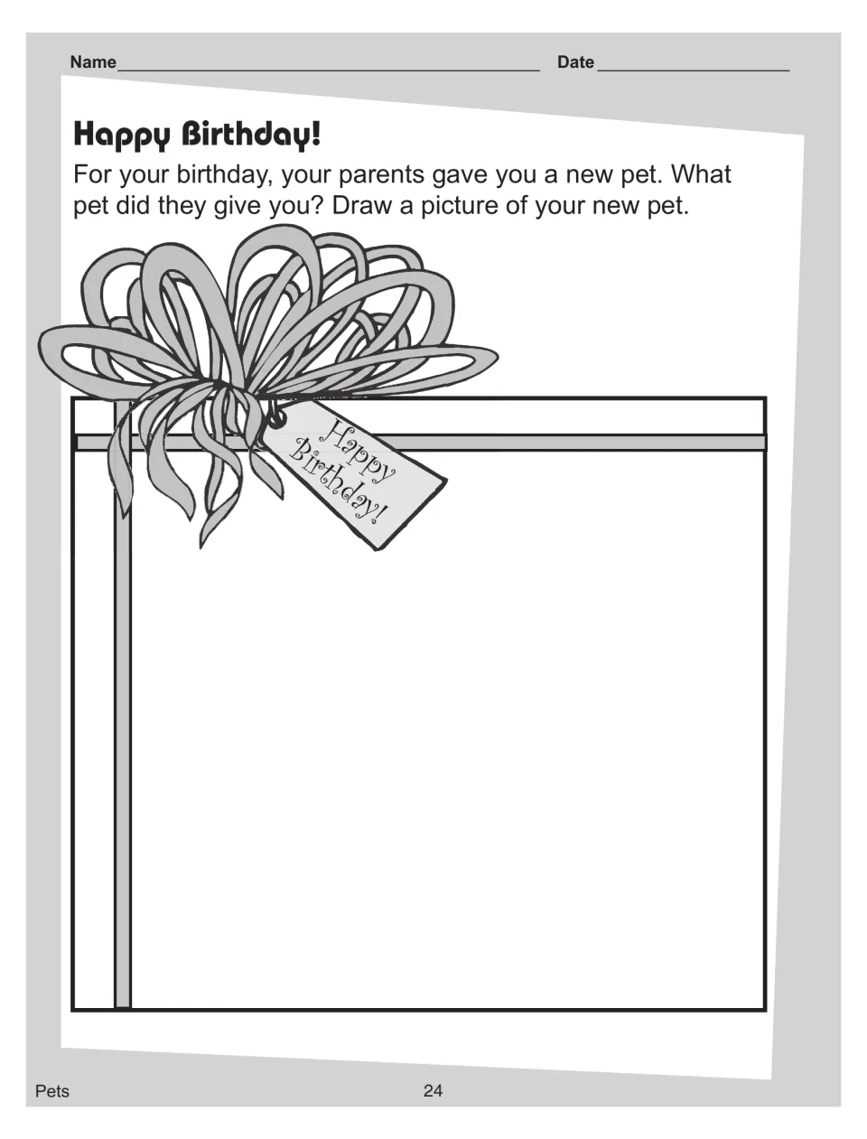 'Happy Birthday!' student page: draw the new pet your parents gave you, inside a gift box with a bow