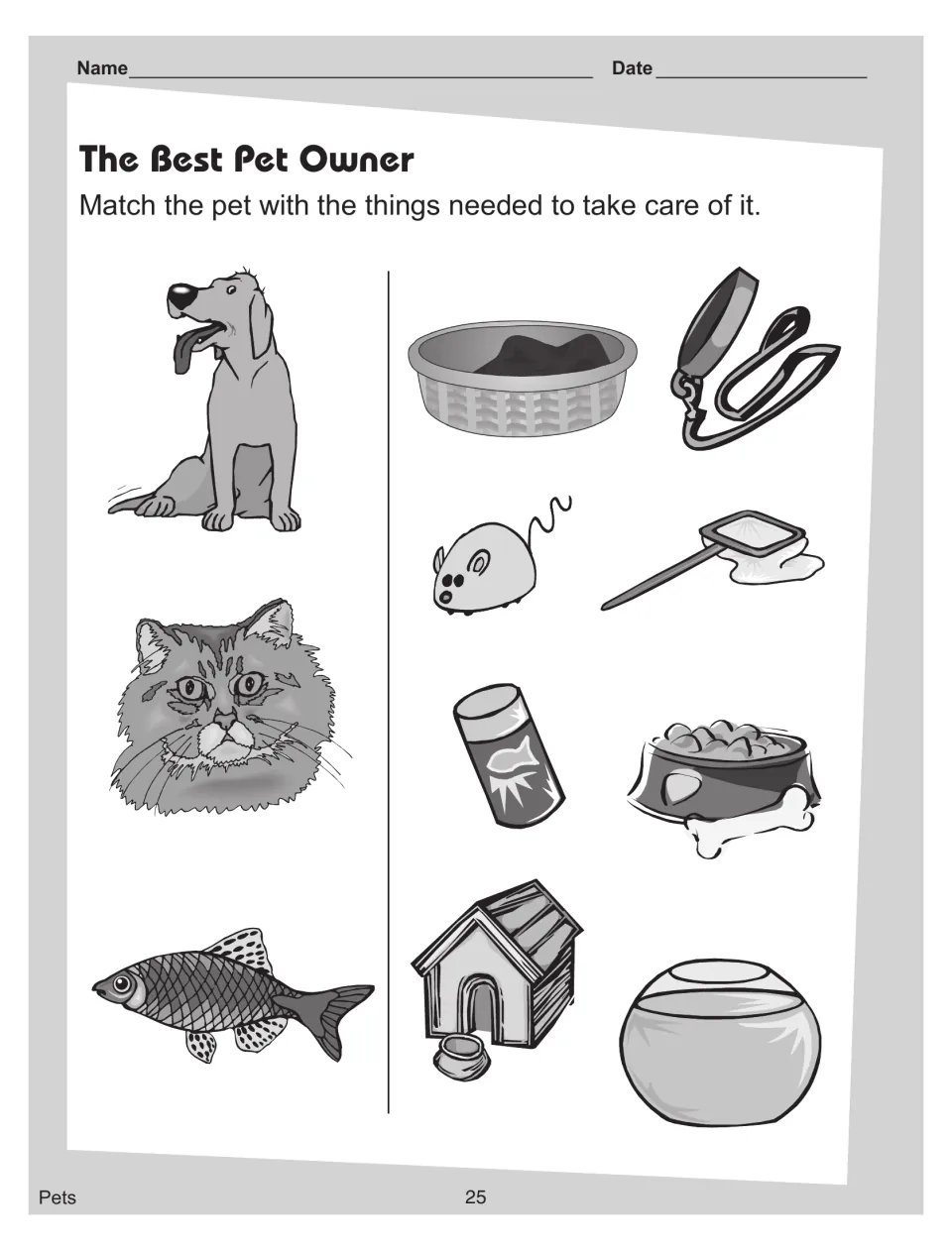 'The Best Pet Owner' matching page: link a dog, cat and fish to care items like a leash, toy mouse and fishbowl