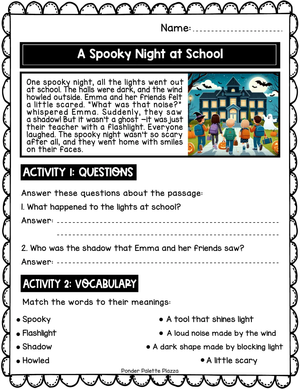 Halloween story about Emma's dark school: students answer 2 comprehension questions and match 4 vocabulary words