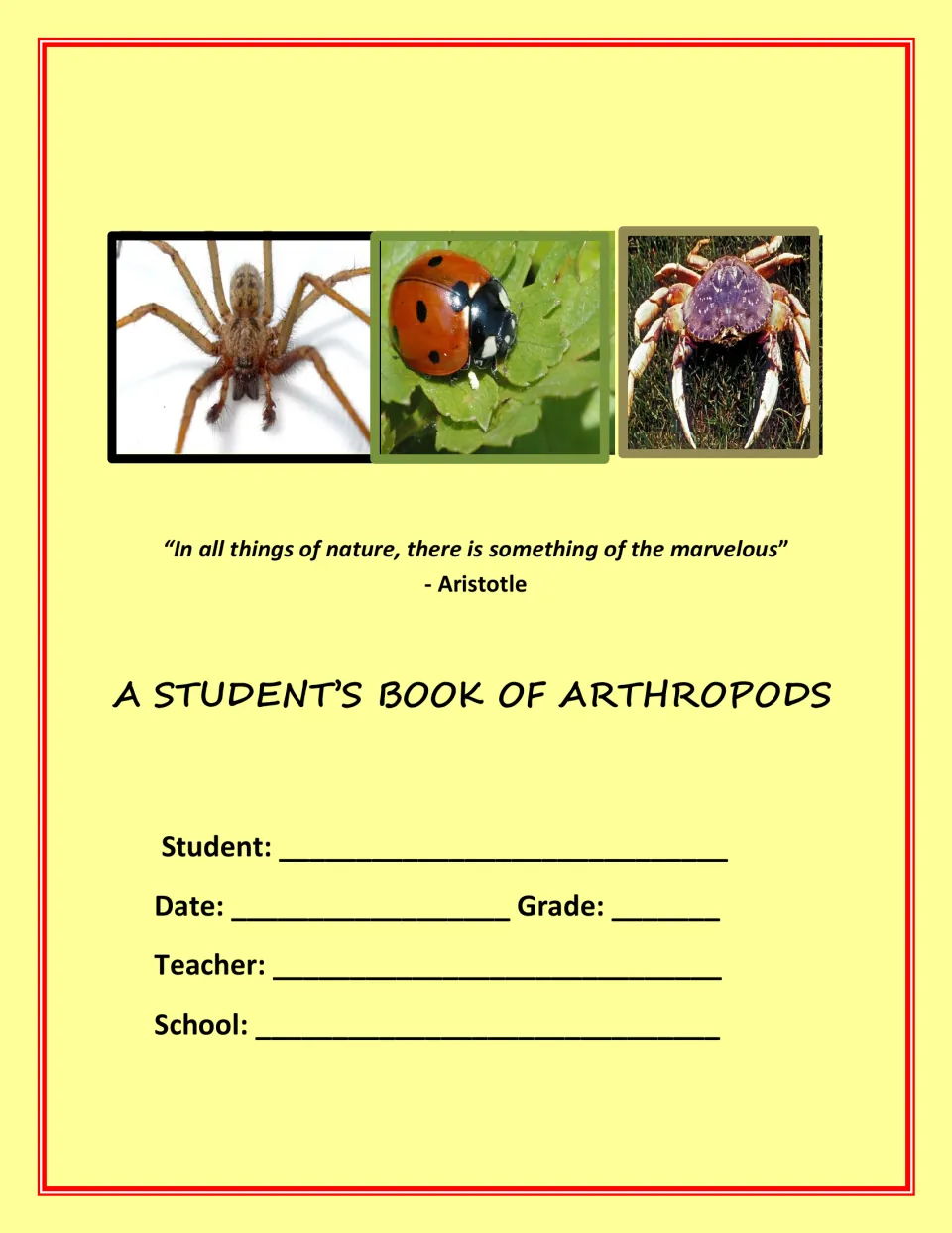 Cover of A Student's Book of Arthropods, with fields for student name, date, grade, teacher, and school