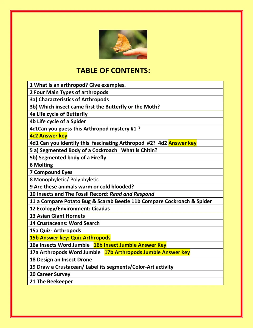 Arthropod workbook contents list research, life cycles, body structures, puzzles, a quiz, and answer keys