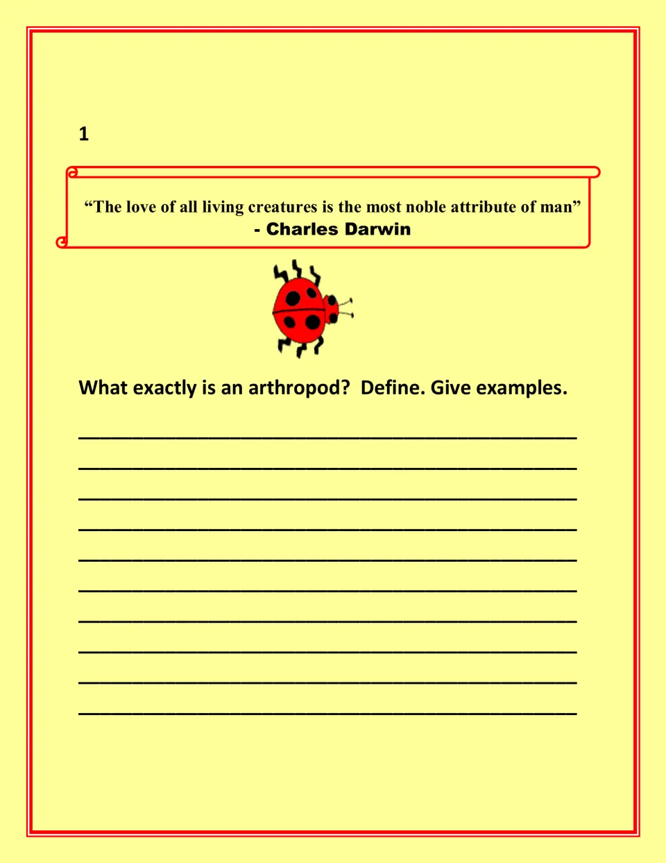 Arthropod workbook assignment 1 asks students to define an arthropod and give examples in a written response