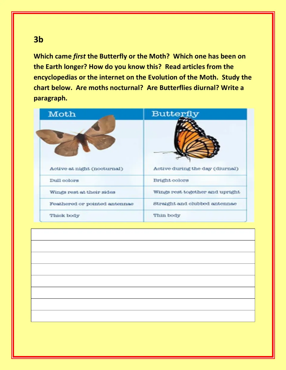 Arthropod workbook research prompt asks whether moths or butterflies came first, with a comparison chart