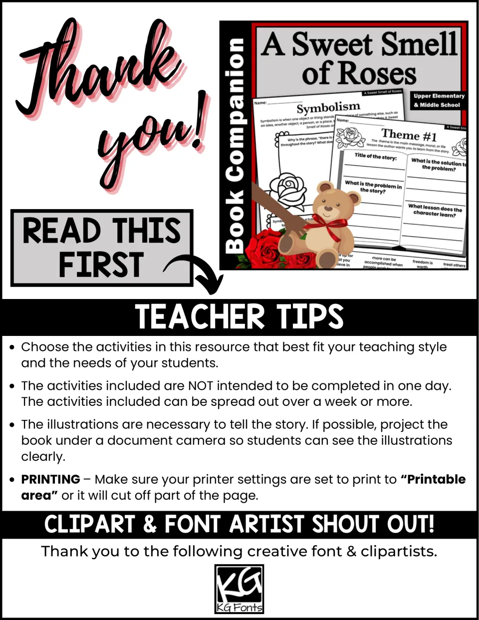 Book companion introduction: teacher tips for selecting activities, showing illustrations, and printing