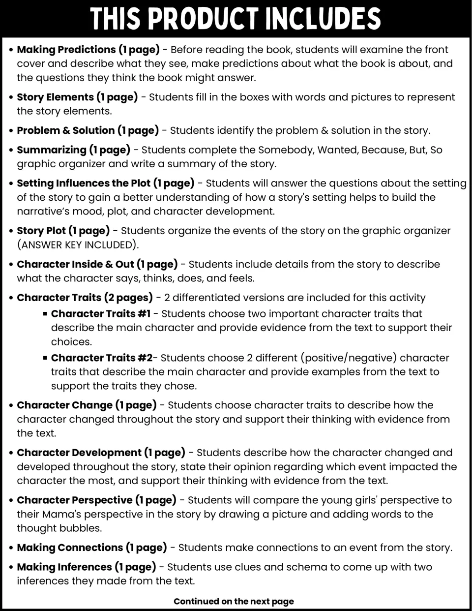 Activity guide, part 1: predictions, story elements, summarizing, character analysis, connections, and inferences