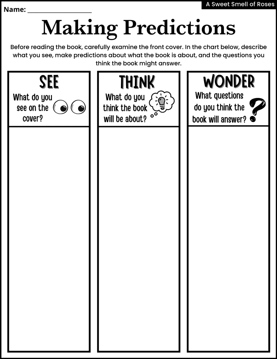 Making Predictions activity asks students to examine the book cover and record what they see, think, and wonder
