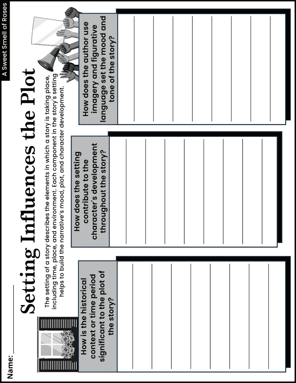 Setting Influences the Plot activity asks about historical context, character development, imagery, and mood