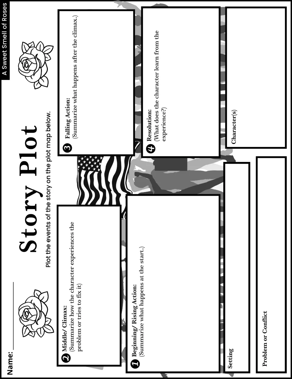 Story Plot activity asks students to map rising action, climax, falling action, resolution, setting, and conflict