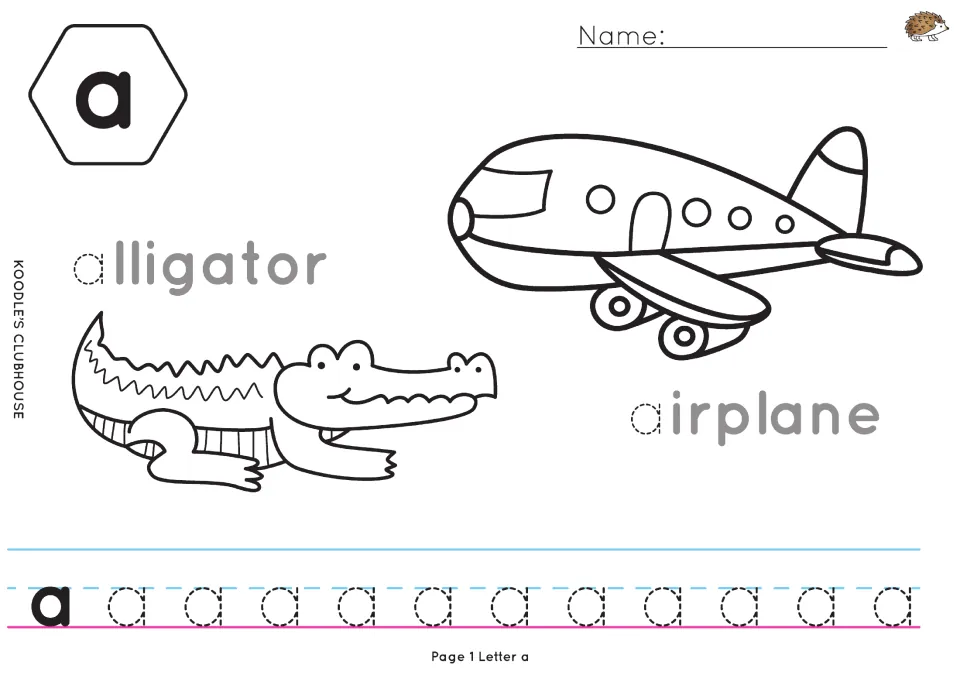 Letter a: students trace the first letter of alligator and airplane, color the pictures and trace a row of lowercase a