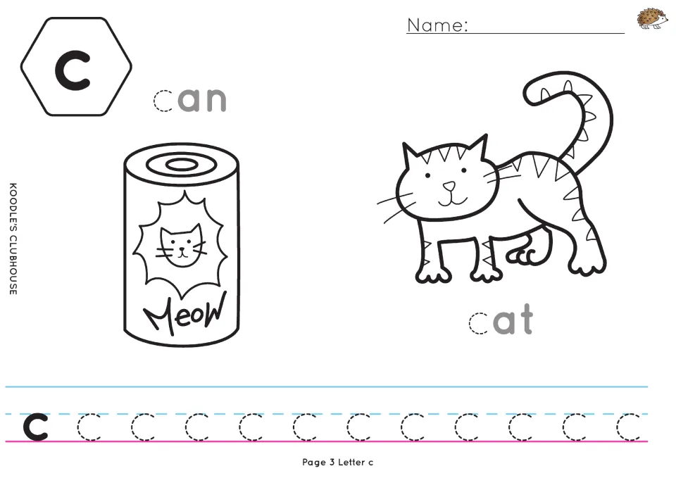Letter c: students trace the first letter of can and cat, color a cat food can and a cat, then trace a row of lowercase c