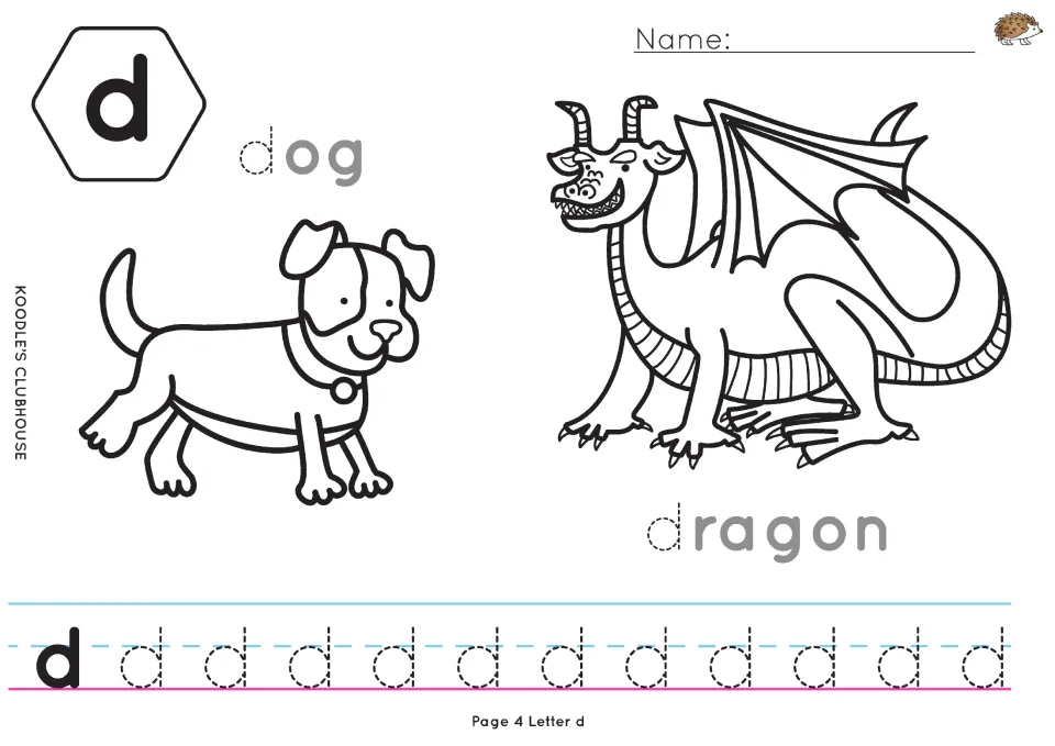 Letter d: students trace the first letter of dog and dragon, color both pictures and trace a row of lowercase d