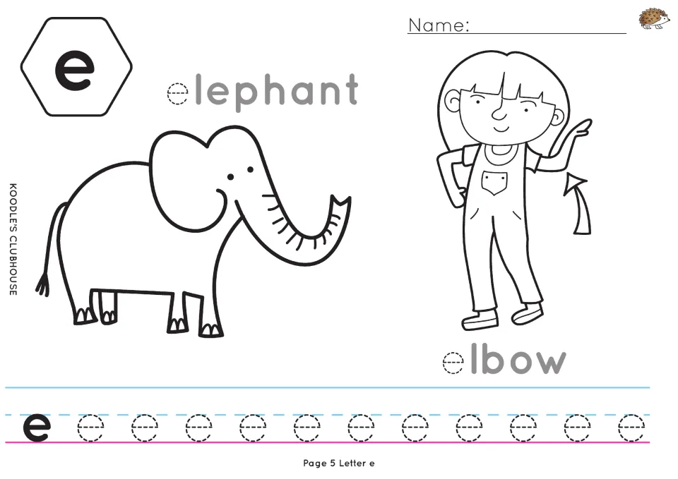 Letter e: students trace the e in elephant and elbow, color the elephant and pointing girl, then trace a row of e